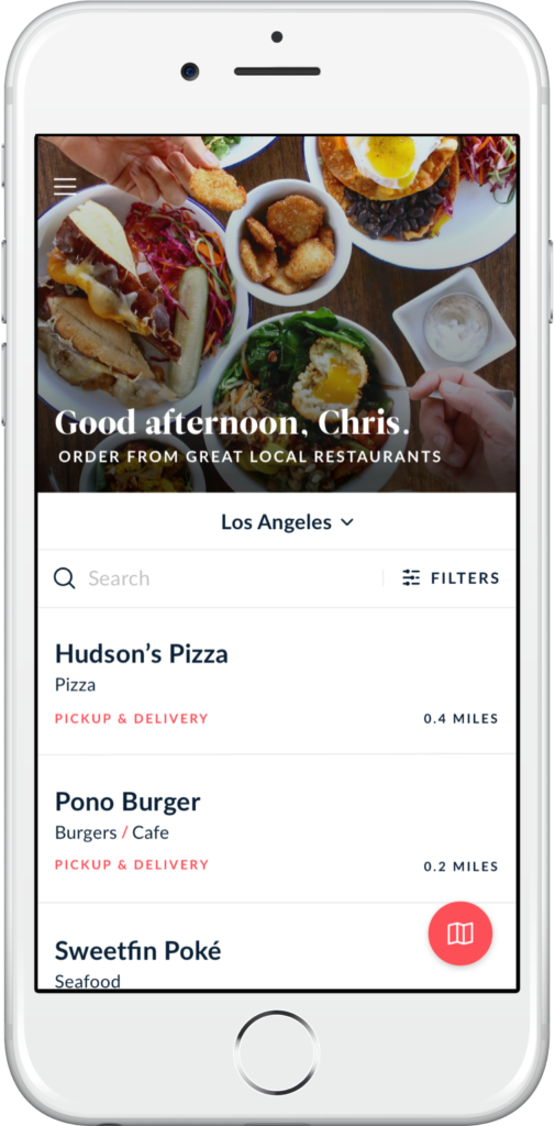 A food ordering app interface showing various dishes from local restaurants
